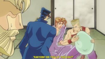 Rule 34 | 4boys, back, bare shoulders, beard, chain, clamp (circle), clenched teeth, colorized, commentary, earrings, egg, english commentary, english text, facial hair, fake screenshot, gakuran, hat, highres, holding, holding egg, indoors, jean pierre polnareff, jewelry, jojo no kimyou na bouken, joseph joestar, kakyoin noriaki, kuujou joutarou, lady-jotaro, long sleeves, male focus, multiple boys, open mouth, school uniform, sitting, stardust crusaders, sweatdrop, teeth, wristband