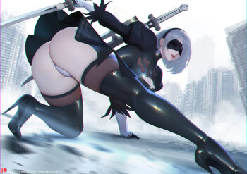 1girl 2b_(nier:automata) ass black_gloves black_hairband blindfold boots covered_eyes feather-trimmed_sleeves feather_trim gloves hairband high_heels nier:automata nier_(series) paid_reward_available puffy_sleeves sade_abyss short_hair skirt smile solo sword thighhighs thighhighs_under_boots virtuous_contract virtuous_treaty weapon white_hair