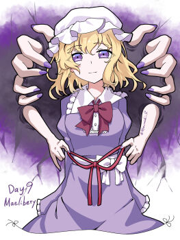 Rule 34 | 1girl, aomurasaki r, bow, bowtie, character name, closed mouth, commentary, contrast collar, dress, frilled shirt collar, frilled sleeves, frills, gap (touhou), hat, highres, holding, holding ribbon, long dress, long sleeves, looking at viewer, maribel hearn, mob cap, purple bow, purple bowtie, purple dress, purple eyes, purple nails, red ribbon, ribbon, solo, solo focus, standing, touhou, twitter username, white hat