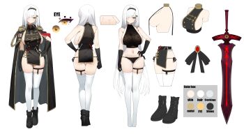 1girl absurdres aiguillette bare_shoulders black_cape black_dress black_footwear black_gloves black_hairband black_panties breasts cape reference_sheet color_guide commentary_request commission crop_top dress epaulettes from_behind full_body gloves gold_trim hair_ornament hair_over_one_eye hairband hairclip hand_on_own_hip highres kiriel's_character korean_commentary lace lace-trimmed_panties lace_trim large_breasts lingerie long_hair looking_at_viewer mole mole_on_breast navel nogong original panties pelvic_curtain revealing_clothes second-party_source shoes short_dress side-tie_panties sideboob sideless_dress skindentation sleeveless sleeveless_dress standing stomach string_panties sword thigh_strap thighhighs thighs underwear very_long_hair weapon white_hair white_thighhighs yellow_eyes