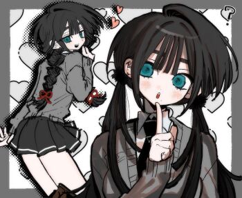 1bokllxllbok0 1girl aqua_eyes black_hair black_skirt blue_eyes border braid heart highres long_hair looking_at_viewer original pleated_skirt school_uniform skirt twintails