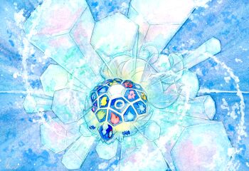Rule 34 | aotake tomo, blue theme, commentary request, crystal, elemental fire symbol, highres, lightning bolt symbol, nintendo, no humans, painting (medium), pokemon, pokemon (creature), solo, terapagos, terapagos (terastal), terastallization, traditional media, watercolor (medium)