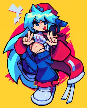 1girl :d bare_shoulders black_panties blue_eyes blue_hair blue_pants boyfriend_(friday_night_funkin') breasts commentary corrupted_twitter_file crop_top cropped_shirt denim donaizt double_v english_commentary friday_night_funkin' full_body genderswap genderswap_(mtf) hair_over_eyes hat highres jacket jeans long_hair looking_at_viewer loose_pants medium_breasts midriff navel open_clothes open_jacket open_mouth panties pants red_hat red_jacket red_shoes redrawn shirt shoes simple_background smile solo striped_clothes tomboy torn_clothes torn_jeans torn_pants twitter_username underwear v very_long_hair white_shirt wristband yellow_background