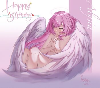 1girl absurdres angel angel_wings artist_name breasts character_name chinese_commentary closed_eyes commentary_request completely_nude dated elysia_(honkai_impact) halo happy highres honkai_(series) honkai_impact_3rd long_hair medium_breasts nude own_hands_together pink_hair solo very_long_hair weo_(emed5225) wings