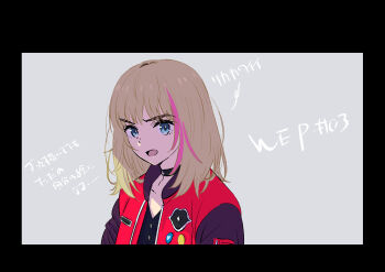 1girl bad_id bad_twitter_id black_border black_choker blonde_hair blue_eyes border choker commentary_request grey_background highres inactive_account jacket kawai_rika kerorira letterman_jacket looking_at_viewer medium_hair multicolored_hair open_mouth pink_hair red_jacket solo streaked_hair translation_request upper_body wonder_egg_priority