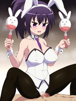 1boy 1girl animal_ears cowgirl_position gochuumon_wa_usagi_desu_ka? hemonemo hetero leotard necktie penis playboy_bunny ponytail purple_eyes purple_hair purple_necktie rabbit_ears straddling tedeza_rize white_leotard