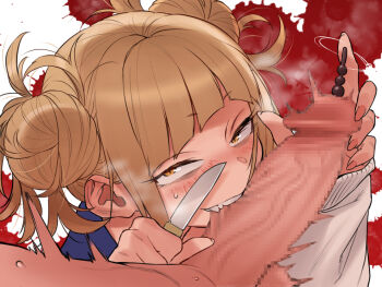 1boy 1girl biting biting_penis blood blood_splatter blush boku_no_hero_academia brown_hair censored commentary_request double_bun erection femdom fingernails hair_bun heavy_breathing hetero holding holding_knife knife kouya_toufu long_fingernails male_urethral_insertion mosaic_censoring orange_eyes penis smile solo_focus sounding teeth toga_himiko urethral_insertion veins veiny_penis