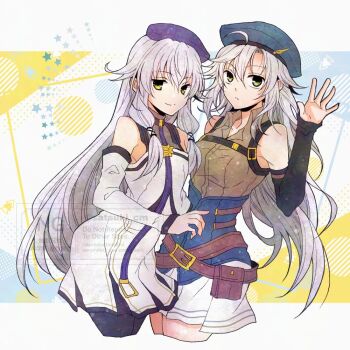 2girls altina_orion belt_pouch beret black_sleeves breasts commentary_request double-parted_bangs dress eiyuu_densetsu fie_claussell green_eyes hair_between_eyes hat kai_no_kiseki kuro_no_kiseki_(series) leggings light_smile long_hair multiple_girls pouch satsuki_(chaosmode) small_breasts waving white_dress white_hair
