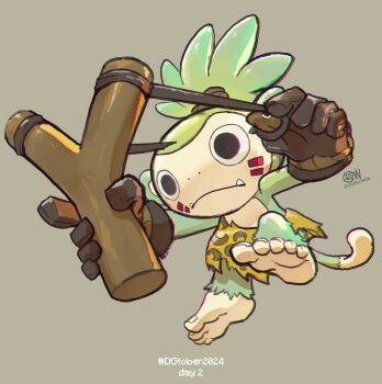 absurdres body_fur brown_background cwdw digimon digimon_(creature) fangs full_body green_fur highres koemon monkey simple_background slingshot_(weapon) solo swimsuit