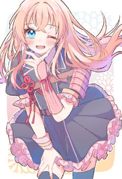 1boy ;d armor belt black_dress black_thighhighs blonde_hair blue_background blue_eyes blush border brown_belt cowboy_shot dress enon_kt floating_hair flower_knot frilled_dress frilled_sleeves frills gradient_background hand_on_own_chin hand_on_own_thigh highres japanese_armor kote leaning_forward long_hair looking_at_viewer male_focus midare_toushirou one_eye_closed open_mouth orange_background outline outside_border puffy_short_sleeves puffy_sleeves short_sleeves shoulder_armor simple_background smile sode solo thighhighs touken_ranbu trap white_border white_outline