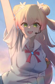1girl absurdres alternate_costume arm_up blonde_hair blue_gem bow bowtie breasts collarbone collared_shirt commentary_request double_bun familiar flower gem gradient_hair green_eyes hair_bun hair_flower hair_ornament headset highres hololive large_breasts long_hair looking_at_viewer microphone momosuzu_nene multicolored_hair nekko_(momosuzu_nene) open_mouth pink_hair red_bow red_bowtie shirt short_sleeves smile solo teeth two_side_up upper_teeth_only virtual_youtuber wangbrian white_shirt