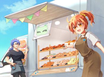 Rule 34 | 0nodera, 1boy, 1girl, ahoge, apron, black shirt, blue hair, blue sky, brown apron, commentary request, cu chulainn (fate), cu chulainn (fate/prototype), donut, fate/grand order, fate (series), food, food truck, fujimaru ritsuka (female), grin, hair ornament, hair scrunchie, looking at viewer, open mouth, orange eyes, orange hair, outstretched arm, ponytail, red eyes, scrunchie, shirt, sky, smile, string of flags, white shirt