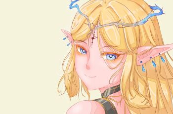 1girl bare_shoulders blonde_hair blue_eyes cartethyia_(wuthering_waves) closed_mouth collar crown_of_thorns earrings jewelry koyu_(twgw7255) long_hair looking_at_viewer multiple_earrings pointy_ears sidelocks simple_background solo wuthering_waves yellow_background