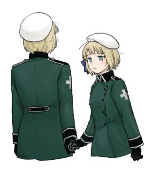 1boy 1girl aqua_eyes axis_powers_hetalia beret black_gloves blonde_hair blush brother_and_sister buttons closed_mouth collared_jacket commentary_request from_behind gloves green_jacket hat highres holding_hands jacket liechtenstein_(hetalia) long_sleeves looking_at_another mi_aph_to military military_hat military_jacket military_uniform short_hair siblings simple_background smile switzerland_(hetalia) white_background white_hat