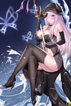 1girl absurdres alternate_costume bare_shoulders black_gloves black_shoes black_thighhighs blue_eyes breasts detached_collar elbow_gloves gloves gold_trim granblue_fantasy hair_over_one_eye high_heels highres holding holding_sword holding_weapon horns katana large_breasts long_hair looking_at_viewer nanoda002_(saber427) narmaya_(granblue_fantasy) night pink_hair see-through_clothes shoes solo sword thighhighs waves weapon