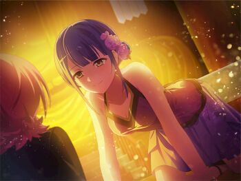 Rule 34 | 2girls, all fours, blue hair, breasts, brown eyes, camisole, cleavage, closed mouth, collarbone, dutch angle, flower, game cg, hair bun, hair flower, hair ornament, hanayagi kaoruko, isurugi futaba, looking at another, medium breasts, multiple girls, official art, pink hair, purple camisole, purple skirt, shoujo kageki revue starlight, shoujo kageki revue starlight -re live-, sidelocks, skirt, smile, solo focus, upper body