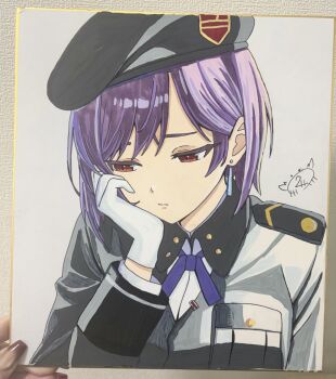 1girl earrings gloves hat heaven_burns_red highres jewelry kanikure12 military_hat purple_hair red_eyes short_hair signature tezuka_saki