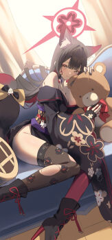 1girl absurdres animal_ears black_boots black_gloves black_hair black_kimono black_nails black_thighhighs blue_archive blush boots breasts cleavage closed_mouth colored_inner_hair commentary_request fingerless_gloves floral_print floral_print_kimono fox_ears fox_girl fox_tail gloves high_heel_boots high_heels highres holding holding_stuffed_toy japanese_clothes kimono kneehighs korean_commentary large_breasts looking_at_viewer multicolored_hair partial_commentary pink_socks print_kimono red_hair single_bare_shoulder single_kneehigh single_sock smile socks solo stuffed_animal stuffed_toy tail thighhighs two-tone_hair vam_(js_vam) wakamo_(blue_archive) yellow_eyes
