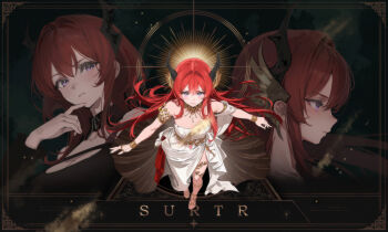 Rule 34 | 3girls, ambience synesthesia, arknights, aura, black horns, bracelet, chinese commentary, closed mouth, commentary request, dark background, dress, feixiang de huojiren, finger to own chin, floating, gold, gold bracelet, hair between eyes, hair intakes, highres, horns, jewelry, light particles, long hair, multiple girls, multiple persona, partial commentary, profile, purple eyes, red hair, surtr (arknights), surtr (prelude to transcendence) (arknights), white dress