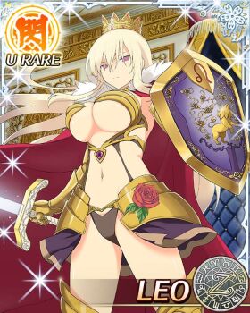 1girl aquarius_(symbol) aries_(symbol) armor bikini_armor black_panties black_skirt blonde_hair breasts cancer_(symbol) cape capricorn_(symbol) card_(medium) character_name closed_mouth crown dodecagram energy_sword faulds floral_print flower fur-trimmed_cape fur_trim gem gemini_(symbol) gold_armor gold_crown gold_gauntlets gold_thighhighs groin hair_between_eyes holding holding_shield holding_sword holding_weapon indoors large_breasts leaf leo_(senran_kagura) leo_(symbol) libra_(symbol) lion long_hair looking_at_viewer navel panties pisces_(symbol) purple_eyes purple_gem red_cape red_flower red_rose rose sagittarius_(symbol) scorpio_(symbol) senran_kagura senran_kagura_new_wave shield shiny_skin showgirl_skirt skirt solo standing sword taurus_(symbol) thighhighs underboob underwear very_long_hair virgo_(symbol) weapon zodiac_wheel