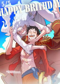 2boys birthday black_hair blue_sash blue_sky cloud cloudy_sky coat coat_on_shoulders commentary cross_scar dated dual_persona facial_scar gear_fifth grin happy_birthday hat highres holding holding_unworn_clothes holding_unworn_hat male_focus mcbuckwheat monkey_d._luffy multiple_boys one_piece open_clothes open_mouth open_shirt orange_shorts red_coat red_eyes red_shirt sash scar scar_on_cheek scar_on_chest scar_on_face shirt shorts sky smile straw_hat symbol-only_commentary toned toned_male transformation unworn_hat unworn_headwear white_hair white_shirt white_shorts