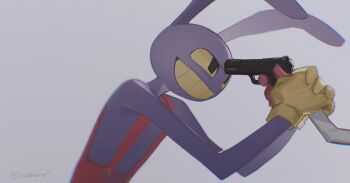 1boy 1girl animal_ears black_eyes colored_sclera colored_teeth commentary english_commentary furry furry_male gloves gun gun_to_head highres holding holding_another's_wrist holding_gun holding_weapon jax_(the_amazing_digital_circus) male_focus overalls pomni_(the_amazing_digital_circus) rabbit_boy rabbit_ears red_gloves red_overalls signature the_amazing_digital_circus weapon xuelierrr yellow_gloves yellow_sclera yellow_teeth