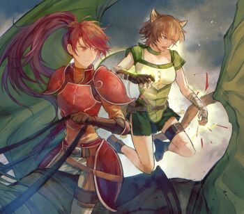 bare_legs breasts choker collar facial_mark fire_emblem fire_emblem:_path_of_radiance green_choker green_collar hand_guard high_ponytail highres jill_(fire_emblem) leaf_(esabacoo) lethe_(fire_emblem) medium_breasts nintendo orange_tail ponytail red_eyes red_hair shorts side_slit side_slit_shorts whisker_markings