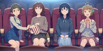 +_+ 3s_(tarariko) 4girls 5girls bare_shoulders black_hair black_shorts blue_overalls blue_shorts blue_skirt blush bow brown_eyes brown_hair brown_shorts closed_mouth collarbone commentary cup disposable_cup drinking_straw eating food grey_shirt hair_bow hair_ornament hairclip hibike!_euphonium highres holding katou_hazuki kawashima_sapphire kousaka_reina long_hair long_sleeves movie_theater multiple_girls off-shoulder_shirt off_shoulder open_mouth oumae_kumiko overall_shorts overalls popcorn purple_eyes shirt short_hair shorts sitting skirt smile soda symbol-shaped_pupils theater theater_seating untranslatable_commentary watching_movie white_shirt