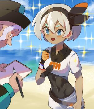 1boy 1girl :d bea_(pokemon) beach black_hairband blue_eyes blush bodysuit bodysuit_under_clothes bow clenched_hands cloud collared_shirt commentary_request dark-skinned_female dark_skin day dynamax_band eyelashes gloves grey_hair hair_between_eyes hairband hat highres holding katwo looking_at_another mustard_(pokemon) nintendo old old_man open_mouth outdoors paintbrush partially_fingerless_gloves pokemon pokemon_sword_and_shield print_shirt print_shorts sand shirt shore short_hair short_sleeves shorts signing single_glove sky smile sparkle standing tied_shirt water wristband