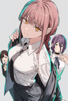3girls black_choker black_necktie black_ribbon blush braid breasts brown_hair chainsaw_man choker closed_mouth collared_shirt commentary_request cutlass_(classic_chocolate) green_eyes grey_background hair_between_eyes higashiyama_kobeni highres jacket large_breasts long_hair long_sleeves looking_at_viewer makima_(chainsaw_man) multiple_girls neck_ribbon necktie off_shoulder open_clothes open_jacket open_mouth pink_hair purple_hair red_background red_jacket reze_(chainsaw_man) ribbon shirt sidelocks simple_background single_braid sleeveless sleeveless_shirt smile translation_request upper_body white_shirt yellow_eyes