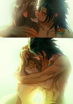 1boy 1girl absurdres aerith_gainsborough bangle black_hair bracelet brown_hair closed_eyes commentary completely_nude couple crisis_core:_final_fantasy_vii english_commentary facing_another final_fantasy final_fantasy_vii final_fantasy_vii_rebirth final_fantasy_vii_remake groin hair_slicked_back hetero highres hug jewelry kiss long_hair male_pubic_hair medium_hair nude origussy parted_bangs pubic_hair scar scar_on_arm spiked_hair stomach teardrop tears toned toned_male upper_body zack_fair