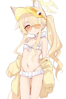 1girl adapted_costume animal_ear_fluff animal_ears bare_shoulders bikini blonde_hair blue_archive blush breasts forehead fox_ears hair_over_one_eye halo hat highres jacket loli long_hair long_sleeves looking_at_viewer navel off_shoulder parted_bangs seia_(blue_archive) seia_(swimsuit)_(blue_archive) sen_(astronomy) side_ponytail sidelocks small_breasts smile solo sunglasses swimsuit tail thighs tinted_eyewear visor_cap white_bikini yellow-tinted_eyewear yellow_eyes yellow_hat yellow_jacket
