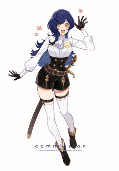 1girl :d ankle_boots arm_up ascot belt belt_buckle black_boots black_gloves black_shorts blue_hair blush boots breasts buckle buttons commission double-breasted english_text fire_emblem fire_emblem:_three_houses full_body garreg_mach_monastery_uniform gloves high-waist_shorts highres long_hair long_sleeves looking_at_viewer medium_breasts nintendo open_mouth original sheath sheathed shirt shorts simple_background smile solo sumustard swept_bangs sword teeth thigh_strap thighhighs thighs upper_teeth_only very_long_hair waving weapon white_ascot white_background white_shirt white_thighhighs yellow_eyes
