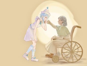 2girls absurdres blue_hair capelet closed_eyes commentary dress fatao grey_hair hat highres kiss kissing_hand layla_prismriver leaning_forward merlin_prismriver multiple_girls old old_woman short_hair sitting skirt socks touhou wheelchair
