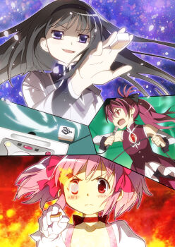 Rule 34 | 3girls, akemi homura, akemi homura (magical girl), black hair, board game, hairband, highres, holding, holding mahjong tile, kaname madoka, kaname madoka (magical girl), long hair, magical girl, mahjong, mahjong tile, mahou shoujo madoka magica, mahou shoujo madoka magica (anime), microphone, multiple girls, nonaka ai, nyoro (nyoronyoro000), parody, pink hair, ponytail, purple eyes, red hair, saitou chiwa, saki, saki (manga), saki achiga-hen, sakura kyoko, sakura kyoko (magical girl), twintails, voice actor connection, yuuki aoi