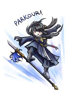 1girl absurdres black_gloves black_hair blunt_ends chinese_clothes commentary doodlecress english_commentary english_text floating_hair full_body gloves highres hongyuan_(identity)_(project_moon) limbus_company long_hair open_mouth polearm project_moon red_eyes ryoshu_(project_moon) smile solo spear weapon