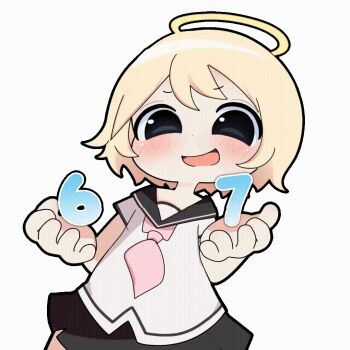 1girl 67_(meme) :d animated animated_gif black_eyes black_sailor_collar black_skirt blonde_hair blush chibi cowboy_shot dutch_angle halo hands_up lily_(moeangel) looking_at_viewer maki_(moeangel) medium_bangs miniskirt neckerchief necktie open_mouth original outline pink_neckerchief pleated_skirt sailor_collar school_uniform serafuku shirt short_hair short_sleeves simple_background skirt smile solo transparent_background white_background white_outline white_shirt