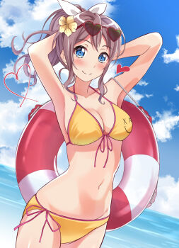 1girl aranami_shibuki bang_dream! bang_dream!_girls_band_party! beach bikini blue_eyes blue_sky breasts brown_hair cleavage cloud commentary_request cowboy_shot day dutch_angle hair_ribbon halterneck highres horizon innertube long_hair looking_at_viewer medium_breasts ocean outdoors ponytail revision ribbon short_ponytail side-tie_bikini_bottom sky smile solo string_bikini swim_ring swimsuit wavy_hair yamabuki_saya yellow_bikini