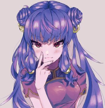 Rule 34 | 1girl, absurdres, bell, blush, chinese clothes, commentary request, double bun, grey background, hair bell, hair bun, hair ornament, highres, kxjx1983, long hair, purple hair, ranma 1/2, red eyes, shampoo (ranma 1/2), simple background, smile