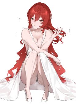 1girl absurdres bbbkhr black_panties breasts cleavage commentary_request dress high_heels highres himeko_(honkai:_star_rail) honkai:_star_rail honkai_(series) large_breasts long_hair looking_at_viewer mole mole_under_eye orange_eyes panties pussy_juice red_eyes red_nails simple_background sitting solo underwear very_long_hair white_background white_dress
