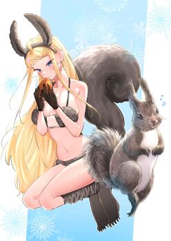 1girl ahoge animal animal_ears animal_hands bikini black_bikini black_socks blonde_hair blue_background blue_eyes breasts brown_gloves cleavage collarbone dosanko_gal_wa_namaramenkoi eating fake_animal_ears fake_tail food full_body fur_bikini fuyuki_minami gloves hair_behind_ear highres holding holding_food ikada_kai large_breasts large_tail long_hair looking_at_viewer multicolored_bikini musical_note navel nut_(food) official_art paw_gloves paw_shoes realistic sagging_breasts snowflakes socks squirrel squirrel_ears squirrel_tail swimsuit tail thighs two-tone_background very_long_hair whiskers white_background white_bikini