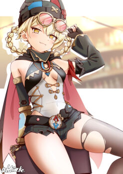 1girl black_gloves black_hat black_shorts blush braid braided_hair_rings breasts center_opening closed_mouth commentary_request compass covered_navel eyewear_on_head fingerless_gloves genshin_impact gloves hair_between_eyes hair_rings hat highres jahoda_(genshin_impact) long_hair long_sleeves looking_at_viewer mechanical_arms medium_breasts motsutoko no_bra one_eye_closed shirt short_shorts shorts single_mechanical_arm single_thighhigh sleeveless sleeveless_shirt smile solo star-shaped_pupils star_(symbol) symbol-shaped_pupils thick_thighs thigh_focus thighhighs thighs torn_clothes torn_thighhighs