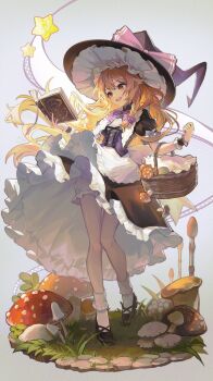 1girl adapted_costume apron basket black_footwear black_hat black_skirt blonde_hair bloomers bobby_socks book bow braid buttons corset elbow_carry floating_hair fly_agaric frilled_apron frilled_socks frills glowing glowing_hair grass hair_bow hat hat_bow highres holding holding_basket holding_book kirisame_marisa knees_together_feet_apart kyusoukyu long_hair mushroom neck_ribbon open_mouth puffy_short_sleeves puffy_sleeves purple_bow ribbon short_sleeves side_braid single_braid skirt smile socks solo star_(symbol) touhou underwear upskirt very_long_hair waist_apron walking white_apron wind wind_lift witch_hat wrist_cuffs yellow_eyes