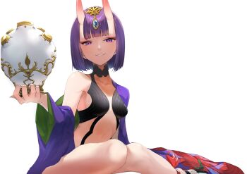1girl absurdres bare_shoulders breasts commentary_request eyeliner fate/grand_order fate_(series) grin headpiece highres horns japanese_clothes jar kimono long_sleeves looking_at_viewer makeup off_shoulder oni purple_eyes purple_hair purple_kimono revealing_clothes short_hair shuten_douji_(fate) skin-covered_horns small_breasts smile solo terasako wide_sleeves