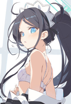 1girl :o aqua_halo aris_(blue_archive) aris_(maid)_(blue_archive) bare_shoulders black_hair black_hairband blue_archive blue_eyes blush bra breasts fingernails from_side green_halo hairband halo highres loli long_hair looking_at_viewer looking_back looking_to_the_side maid maid_headdress off_shoulder official_alternate_costume official_alternate_hairstyle open_clothes open_mouth ponytail rectangular_halo ringed_eyes satou_kibi small_breasts solo standing underwear undressing very_long_hair white_bra