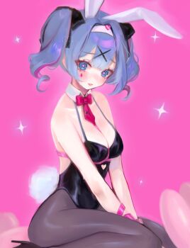 1girl alternate_hair_length alternate_hairstyle animal_ears artist_name black_leotard black_ribbon blue_eyes blush bow bowtie breasts center-flap_bangs cleavage collar commentary detached_collar double-parted_bangs fake_animal_ears fake_tail from_side grey_hiphighs hair_ornament hair_ribbon hairband hatsune_miku heart heart-shaped_pupils highres hiphighs leotard loltinami looking_at_viewer looking_to_the_side medium_breasts parted_lips pink_background pink_pupils playboy_bunny rabbit_ears rabbit_hole_(vocaloid) rabbit_tail red_bow red_bowtie ribbon seiza short_hair simple_background sitting smile solo symbol-only_commentary symbol-shaped_pupils tail twintails vocaloid watermark white_collar white_hairband wing_collar x_hair_ornament