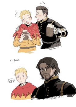 Rule 34 | 2boys, ^ ^, beard, beer mug, belt, black jacket, blonde hair, blue eyes, blush, brown belt, brown hair, cape, closed eyes, closed mouth, commentary, cup, english commentary, english text, facial hair, gauntlets, glasses, grey eyes, half-closed eyes, hans capon, henry of skalitz, highres, holding, holding cup, jacket, kingdom come: deliverance ii, looking at another, looking to the side, mug, multiple boys, open mouth, parted lips, portrait, red cape, simple background, smile, speech bubble, sweatdrop, teeth, tongue, tworain w, upper body, upper teeth only, white background, yellow jacket