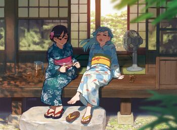 2girls aqua_hair artist_name bandaid brown_eyes brown_hair closed_eyes commentary_request crossed_legs cup electric_fan fish_ornament flower_ornament full_body ghostpia hair_ornament highres japanese_clothes kimono multiple_girls open_mouth outdoors sayoko_(ghostpia) signature sitting slippers summer sweatdrop tatami veranda worried yamamoto_suzume yoru_(ghostpia)