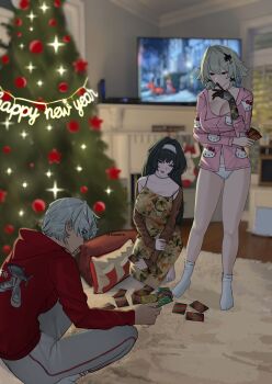 1boy 2girls 51325 absurdres alternate_costume animal_print astra_yao barefoot black_hair blurry blurry_background breasts butterfly_print caesar_king_(zenless_zone_zero) card christmas_tree cleavage closed_mouth collarbone commentary english_commentary green_hair grey_hair hair_between_eyes hair_intakes hairband happy_new_year hello_kitty_print highres holding holding_card hood hoodie indoors jewelry large_breasts long_hair multiple_girls navel necklace new_year open_mouth orange_eyes pajamas panties pants pearl_necklace pillow pink_pajamas prosthesis prosthetic_arm red_eyes red_hoodie short_hair sitting socks television twitter_username underwear uno_(game) white_hairband white_panties white_pants white_socks wise_(zenless_zone_zero) zenless_zone_zero
