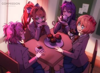 4girls :t artist_name blazer blue_eyes blue_skirt bow brown_hair chair closed_mouth collared_shirt cup cupcake doki_doki_literature_club doki_doki_literature_club_school_uniform double-parted_bangs drinking_glass eating food food_on_face green_eyes grey_jacket hair_bow hair_ornament hairclip highres holding holding_cup holding_plate jacket kneehighs long_hair long_sleeves looking_at_viewer meloni_shvarts monika_(doki_doki_literature_club) multiple_girls natsuki_(doki_doki_literature_club) on_chair open_mouth orange_sweater_vest pink_hair plate pleated_skirt ponytail purple_eyes purple_hair red_bow ribbon sayori_(doki_doki_literature_club) school_uniform shirt short_hair sitting skirt smile socks sweater_vest table teacup white_shirt white_socks yuri_(doki_doki_literature_club)